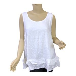 Democracy Swiss Dot Flounce-Hem Women’s Sleeveless Ruffled Tank in Off-White.